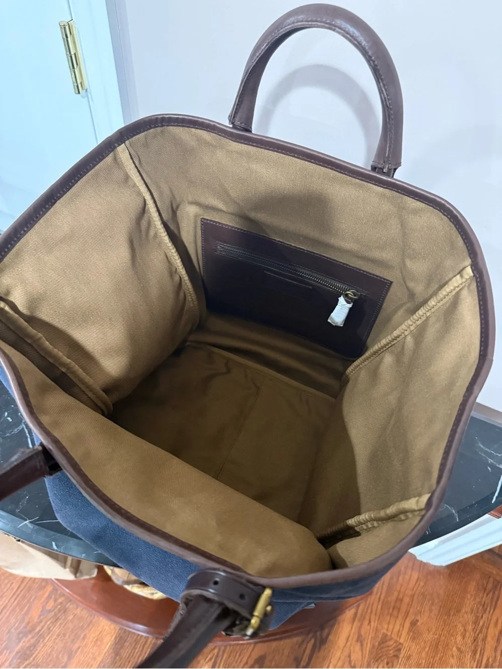 Navy Suede Tote Bag with Brown Leather Trim
